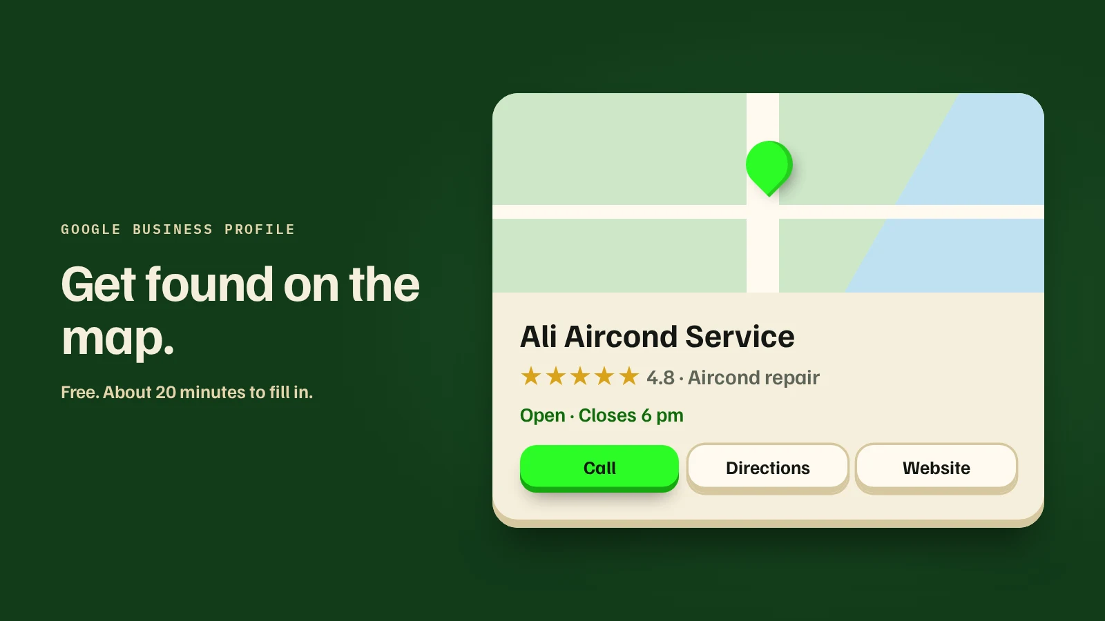 A Google Business Profile for an aircond repair shop: map pin, 4.8 stars, opening hours, and Call, Directions and Website buttons.