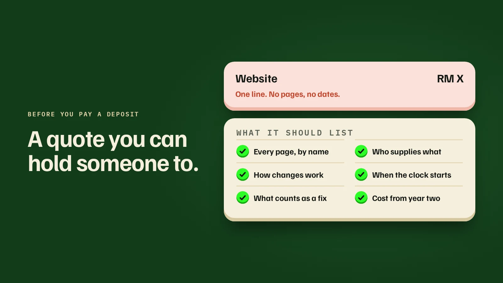 A one-line website quote with no pages or dates, above a list of what a quote should include: every page by name, how changes work, who supplies what and costs from year two.
