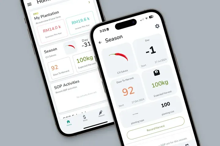 Two phones showing the redesigned Kapitani app, with harvest figures and a season progress gauge.