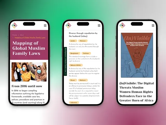 Three mobile pages: Mapping of Global Muslim Family Laws, a law detail and a report cover.