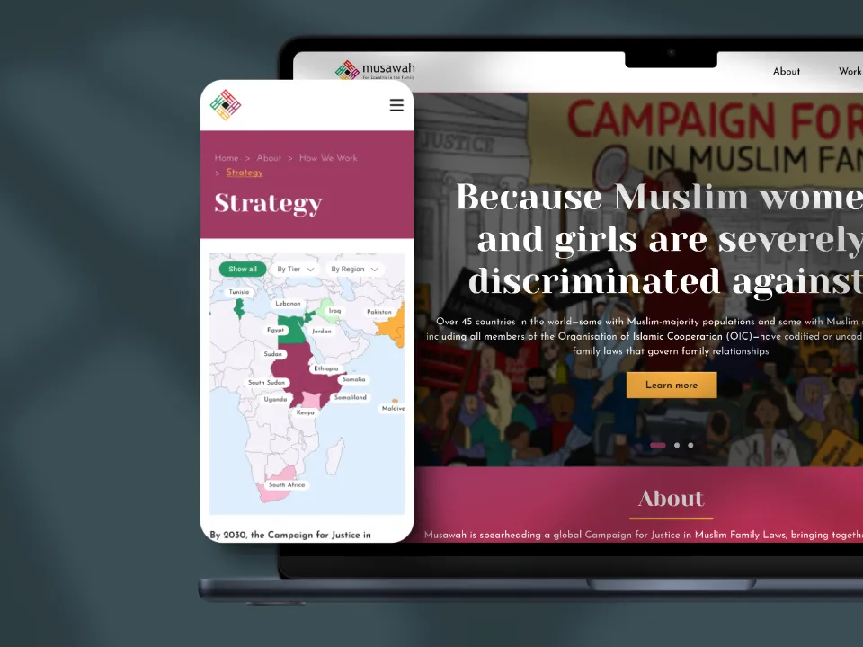 The redesigned Musawah campaign microsite on a laptop and a phone, with the line Because Muslim women and girls are severely discriminated against.