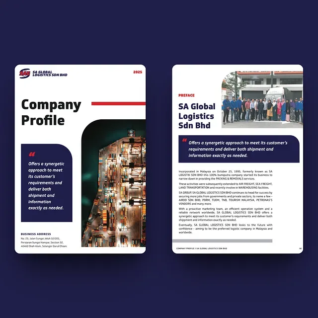 Cover and preface pages of the redesigned SA Global Logistics company profile, in navy with red accents.