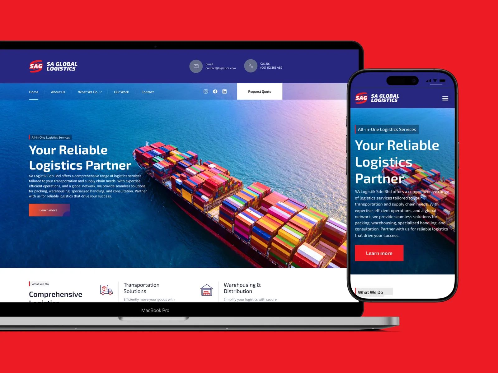 The SA Global Logistics website on a laptop and a phone, with the hero line Your reliable logistics partner over a container ship.