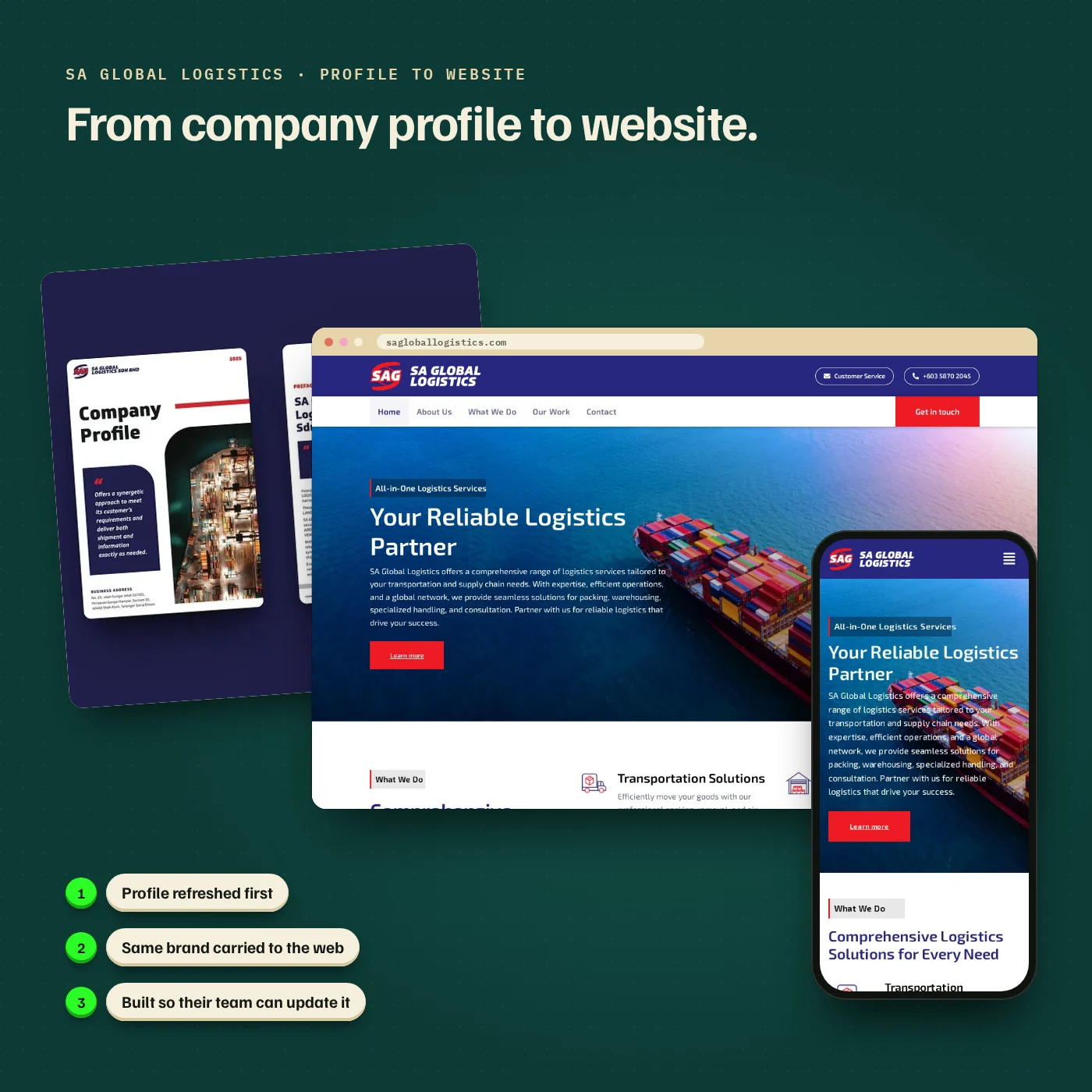 The redesigned SA Global Logistics company profile beside the new website on a laptop and a phone, with the hero line Your Reliable Logistics Partner over a container ship.
