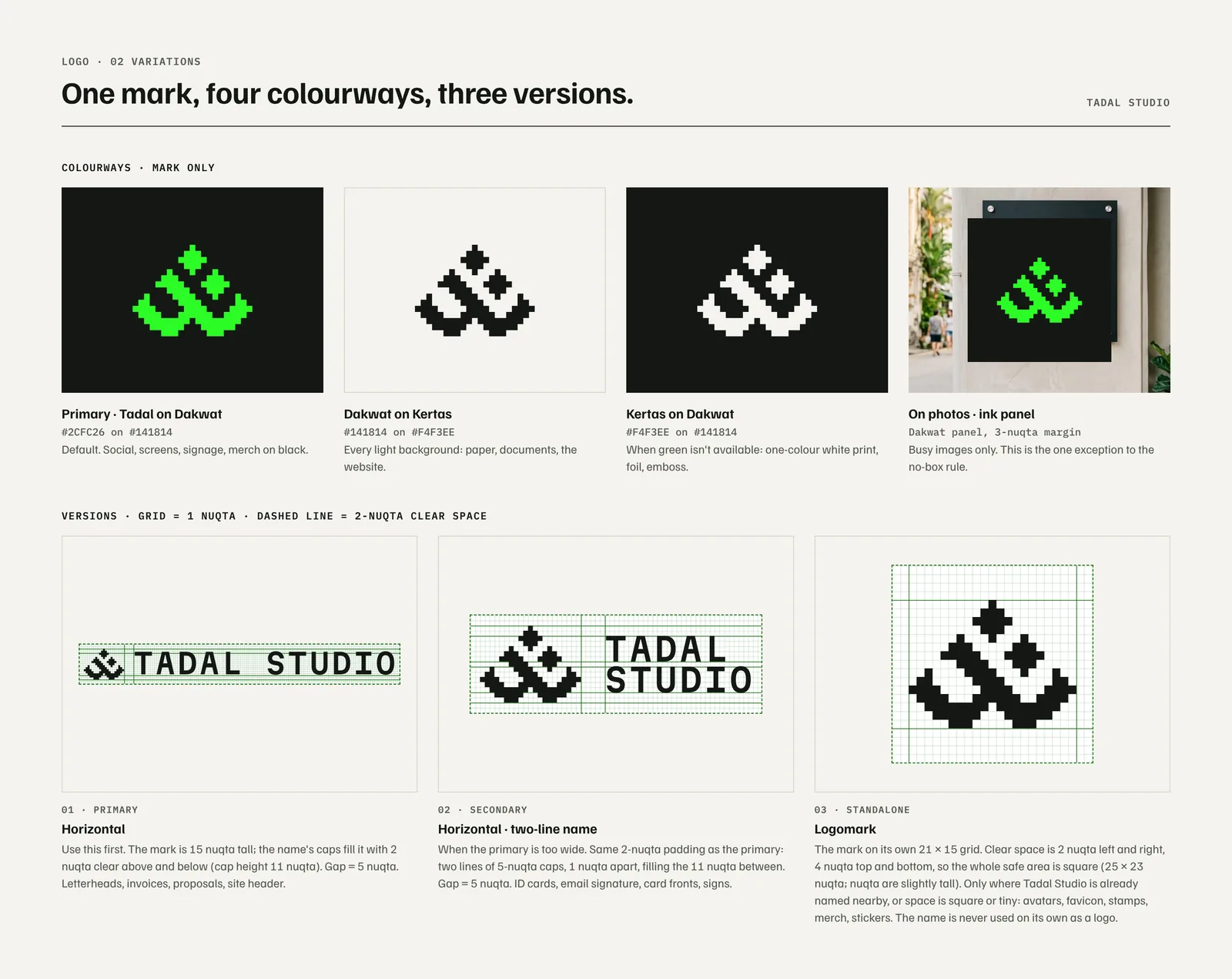 The three logo versions on their construction grids, with guide lines showing the 2-nuqta padding and clear space.