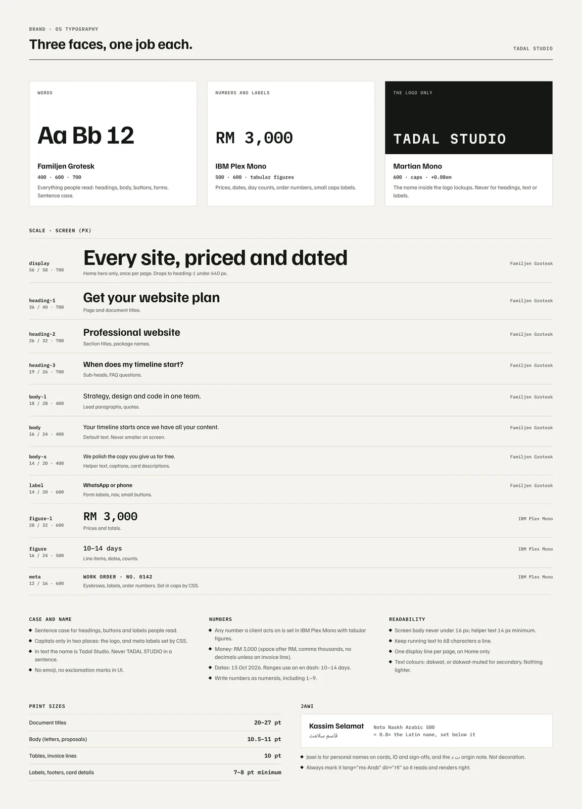 The typography page: three typeface cards and the full type scale shown at real size.