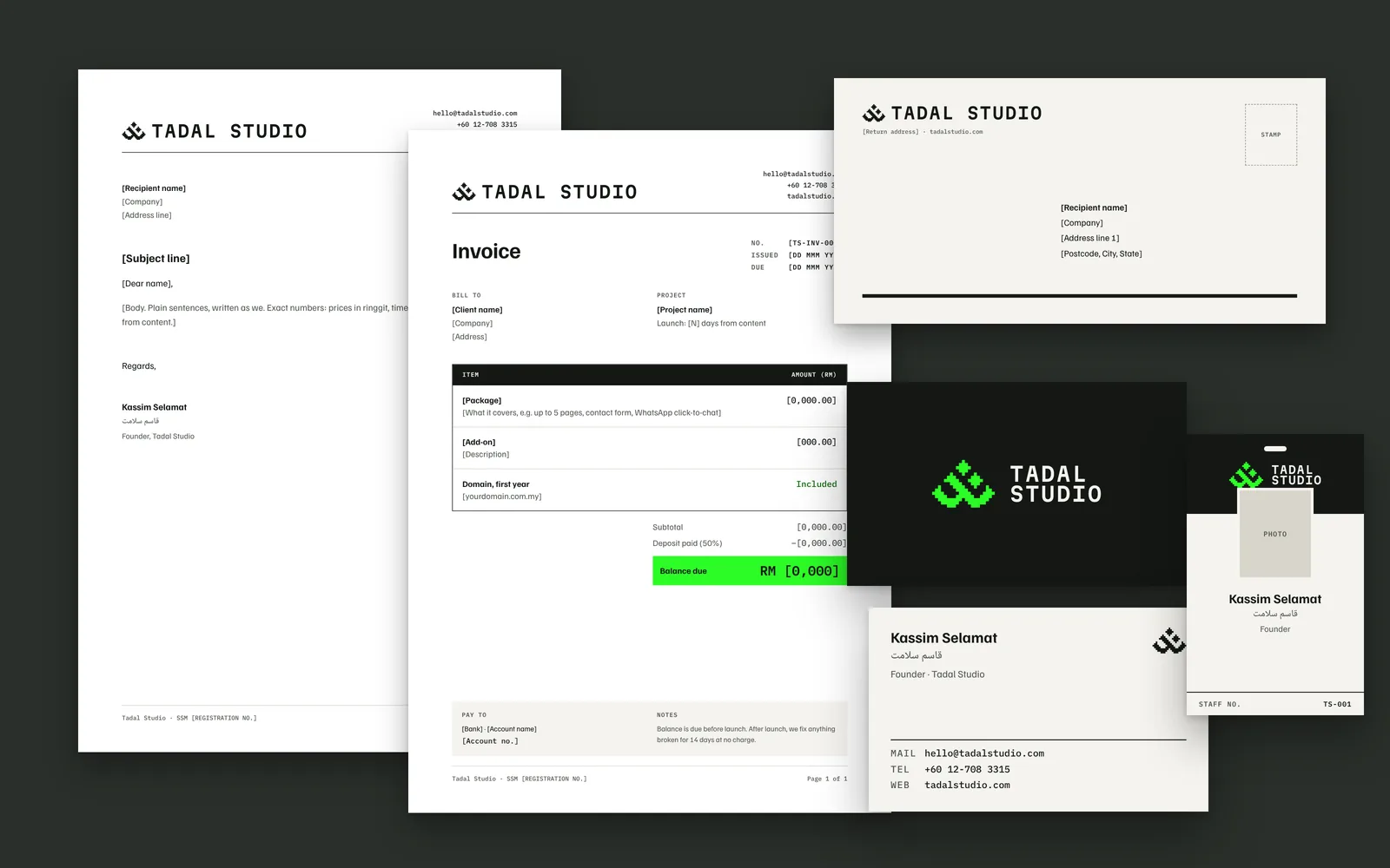A spread of Tadal Studio stationery: letterhead, invoice, envelope, both sides of the business card and an ID card.