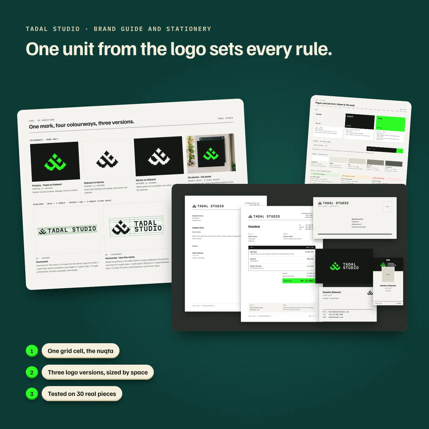 Tadal Studio brand guide pages for logo versions and colour, next to the stationery set: letterhead, invoice, envelope, business cards and an ID card.