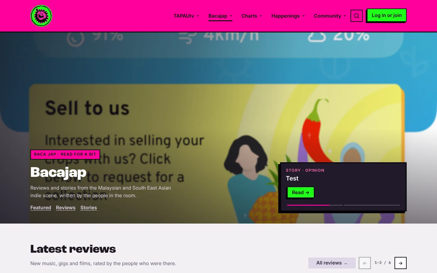 The Bacajap hub, the platform's reading section, with featured stories, reviews and filters.