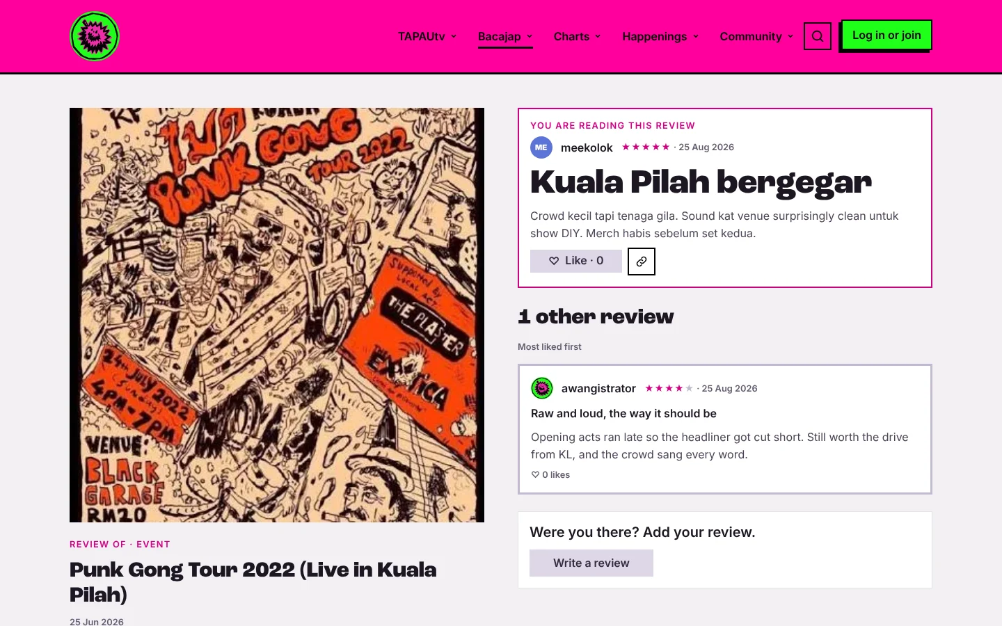 A review page for a past gig, with the event poster, the reviewer's star rating and other members' reviews.