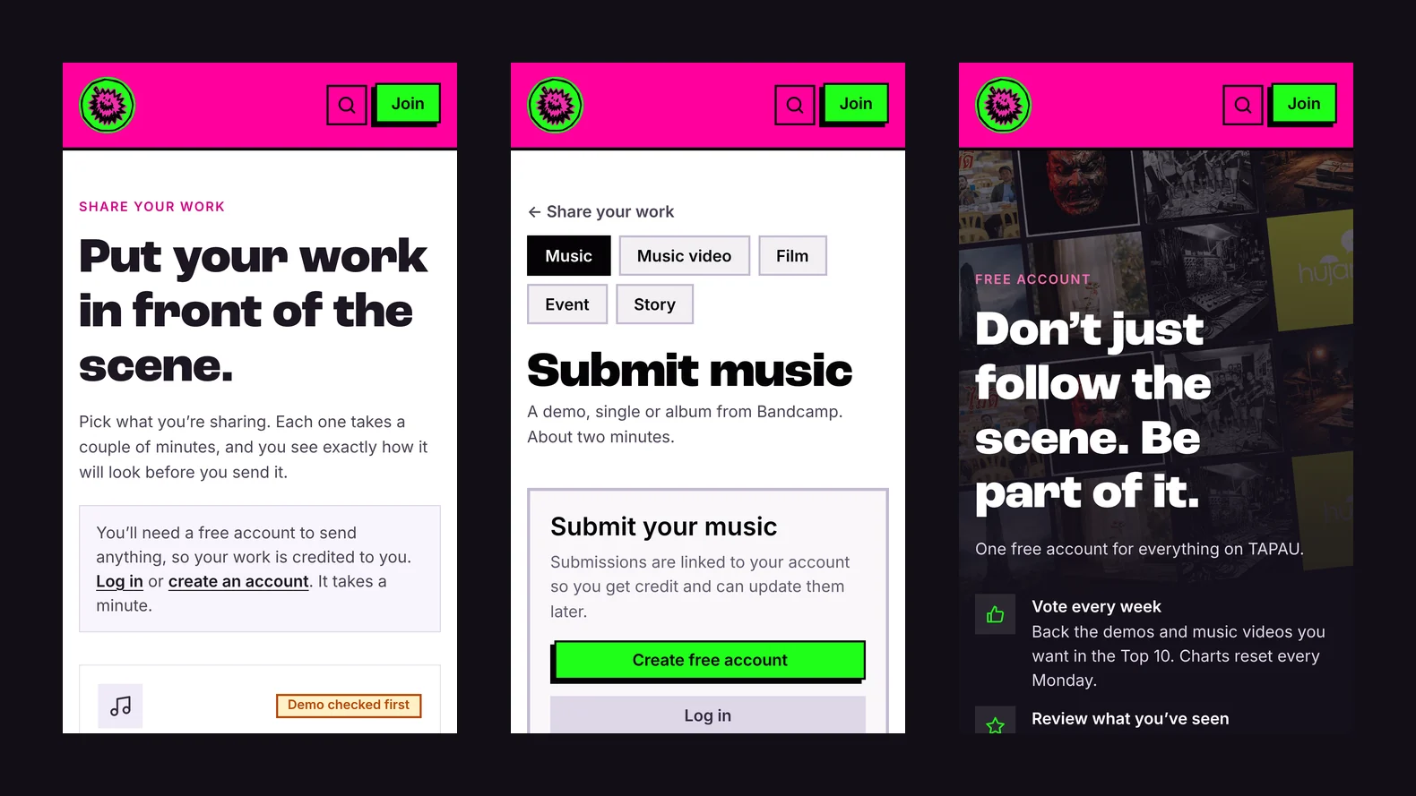 Three phone screens: Share your work, the Submit music form and the free account sign-up page.